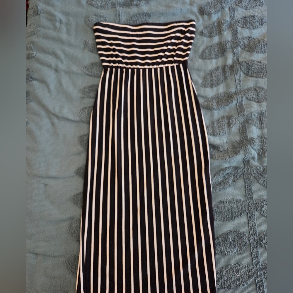 Maternity Strapless Black and White Striped Dress